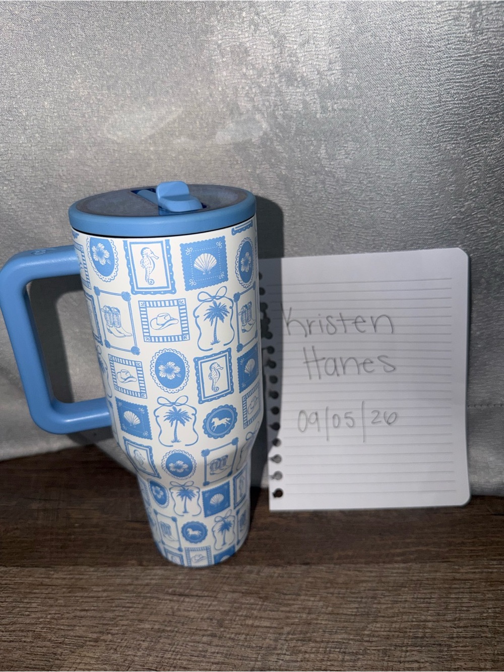 HydroJug Blue and White Patterned Travel Mug with Handle